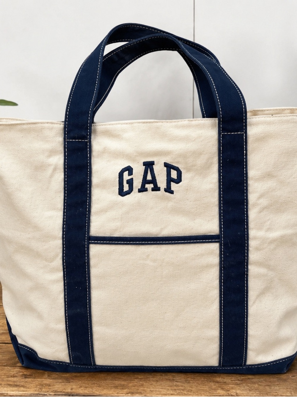 GAP Cream Canvas Tote with Navy Trim